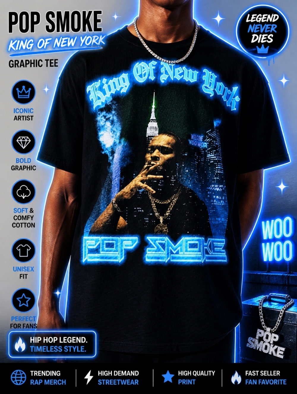 Pop Smoke King Of New York‎ Graphic Tee Black Mens Size L Hip Hop Rap Shirt 2021